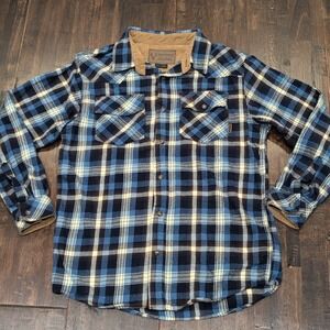 Legendary Stockyards Mens M Blue Tan Plaid Flannel Shirt Corduroy Collar Snaps‎